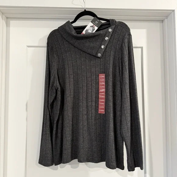 NWT- Rafaella Dark Heather Gray Cowl Neck Top Button Sweater Sz XL - Picture 4 of 12